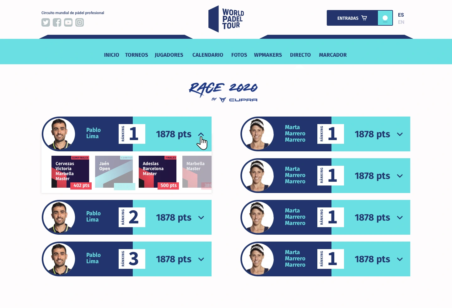 World Padel Tour website with the live player ranking