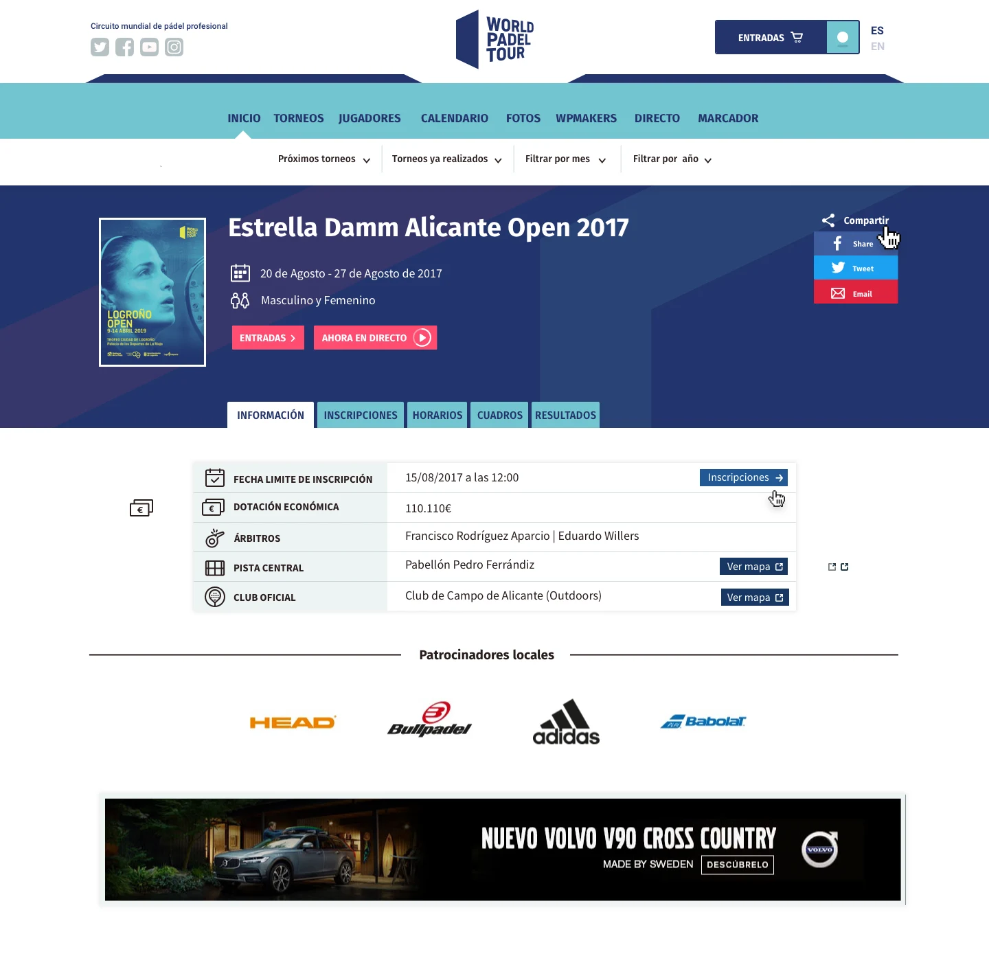 World Padel Tour tournament page with schedules, results and sponsors